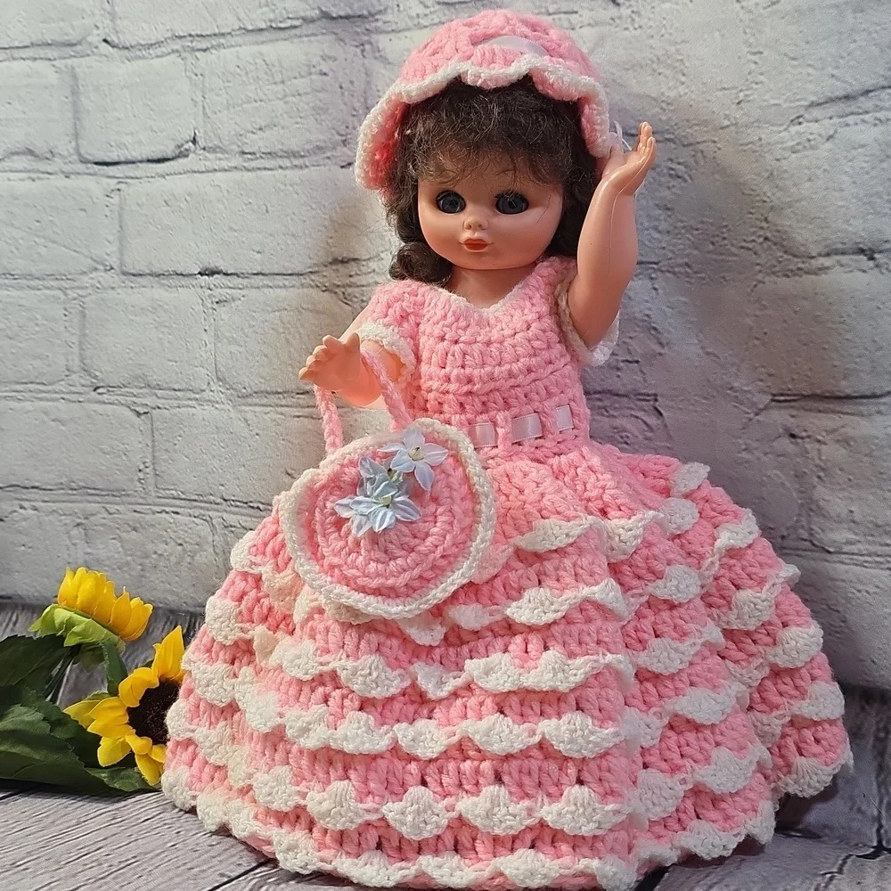 Vintage Angel Doll Brunette Crochet Dress and Accessories Pink White 14